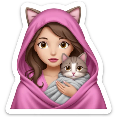 girl with long wavy brown hair, brown eyes, long lashes makeup, sexy pink lips, light to medium complexion, wearing a pink sexy silk top, big blanket over the head cozy holding a cat sticker