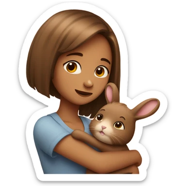 girl with bob hair hugging brown bunny sticker