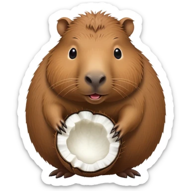 A cute capybara with a round coconut-shaped body, brown and hairy like a coconut sticker