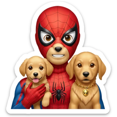 Spider-Man with Spider-Man mask and his golden retriever and his gold sticker