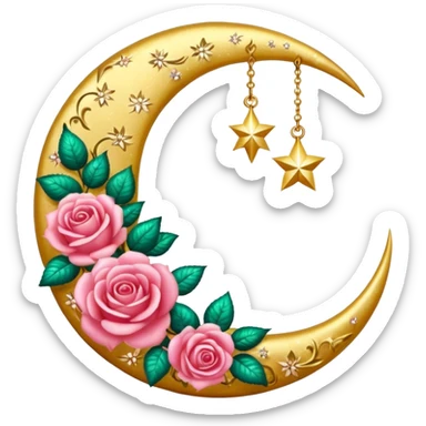 Romantic shiny sparkly glossy glittery vintage crescent damask moon with roses sticker