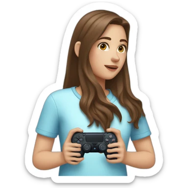 Caucasian Girl with long Brown hair holding the back of a playstation 4 controller looking at a screen sticker