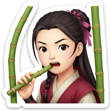 Nezuko with determined expression actively biting on bamboo piece in her mouth, teeth gripping the bamboo sticker