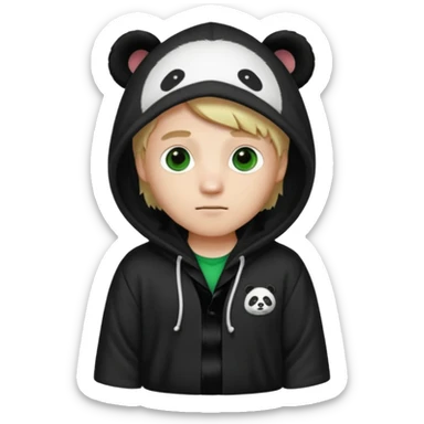 A white man with green eyes, medium-length blond hair, wearing a panda hoodie and black pajama-like robes. sticker
