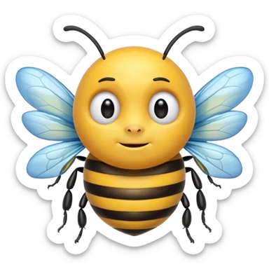 Create a cute emoji-style illustration of a bee with the face of an older man. The bee has a round yellow body with black stripes, small antennae, and light blue wings. Use bold outlines, bright colors, smooth shading, and a glossy sticker-like finish. Transparent or white background. sticker