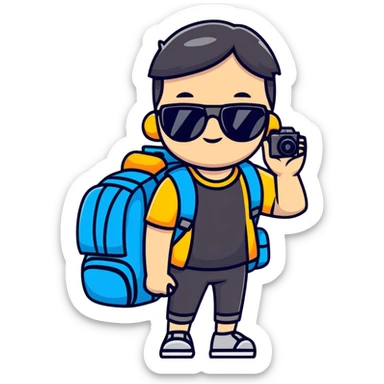 Asian tourist with backpack taking photos, sunglasses sticker
