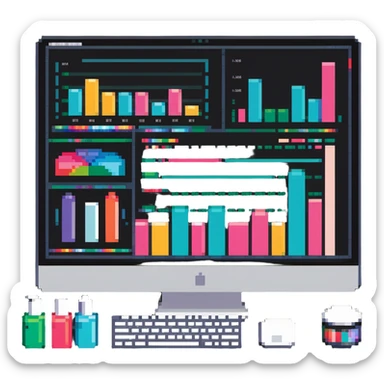iMac computer with colorful bar charts and beauty products inside the screen sticker