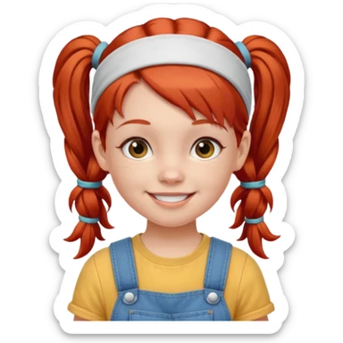 10 year old girl emoji, red hair in pigtails, wearing a headband and overalls, friendly look sticker