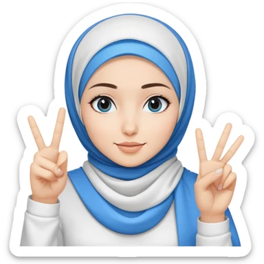 White hijab girl wearing white tshirt and blue black hijab doing peace sign sticker