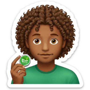 Man with Curley brown hairholding Zyn spearmint snus sticker