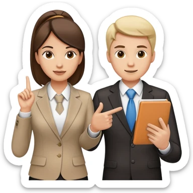 two team members facing each other, one holding a notepad and the other gesturing, in a collaborative pose sticker