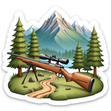 Icon for Hunting Tourism: hunting rifle, surrounded by nature elements like trees, mountains, and wildlife tracks. The icon should represent the adventure and exploration of hunting tourism. Transparent background. sticker