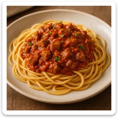 spaghetti with bolognese sauce, diced meat pieces, garnished with herbs, no text sticker