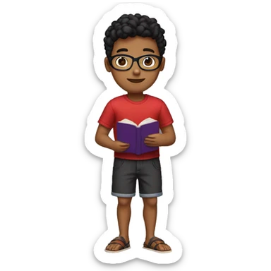 a brown boy in a red and black shirt, blue shorts, wearing sandals, short hair and black glasses, holding a purple book sticker