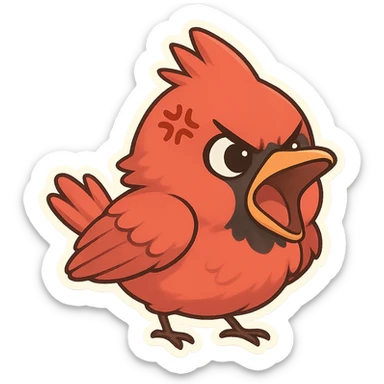 Chibi-style male cardinal yelling with open beak, feathers fluffed, exaggerated anime anger mark above eye. sticker