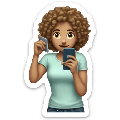 a curly haired girl looking down at the phone in her hand sticker