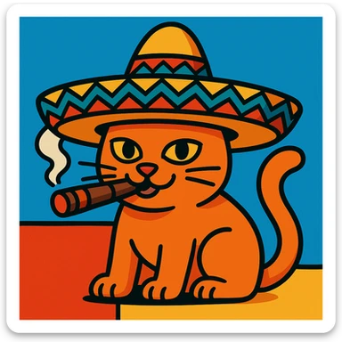 Make the cigar lit and the cat smoking with visible smoke in a colorful cartoon style. sticker