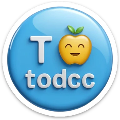A glossy, three-dimensional emoji pin badge showing the text "TODOC". The font is modern, rounded, sans-serif, and colored in a professional medical blue. The badge has soft edges and reflections, in the style of Apple emojis. White background. sticker