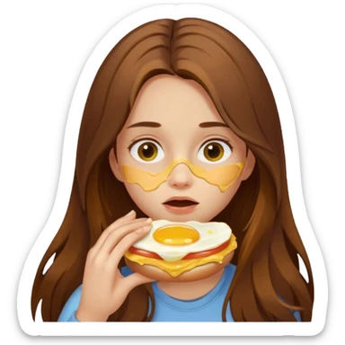 Girl with brown long hair eating egg sandwich. Messy egg over face.  sticker