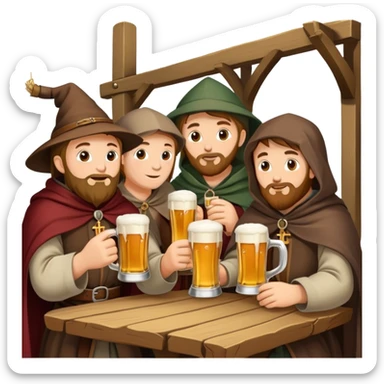 medieval pilgrims with cloaks drinking beer at a tavern sticker