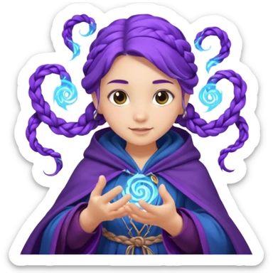 A playful mage girl with braids, purple cloak, and magic swirling around her hands.
 sticker