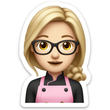 long brunette hair girl with pale skin and black glasses and a pink chef outfit sticker