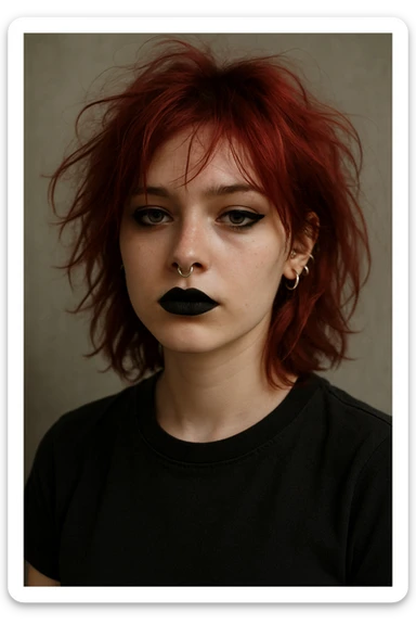 A fair-skinned girl with messy cherry red hair, wearing a black t-shirt, black eyeliner, black lipstick, a septum piercing, and multiple ear piercings. sticker
