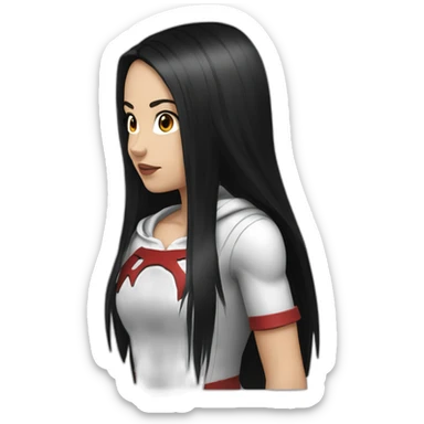 White girl long straight black hair white streak red hood sticker