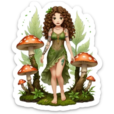 full body view of a woman with long curly brown hair, brown eyes, white skin, tattoos, wearing a sheer moss and leaf dress, standing barefoot on glowing mushrooms, confident pose, slight smirk sticker