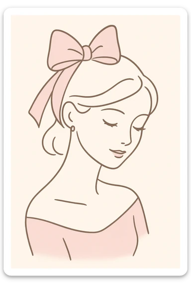 minimalist coquette woman with soft lines, pink bow, tender expression, simple and clean design sticker