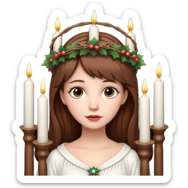 brown haired white women with white gown and advent wreath with long candles on the head sticker