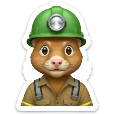 a mole rat, green helmet, headlamp, worker cloth sticker