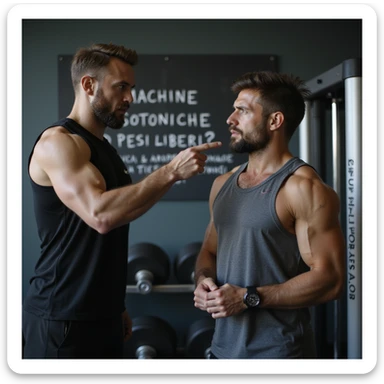 man in gym with doubtful expression, a friend next to him pointing at free weights while he looks at isotonic machine, wearing sportswear, atmosphere of choice, realistic details, blackboard with 'Macchine isotoniche o pesi liberi?' written, 4K quality sticker