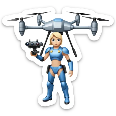 Un photographe high tech, une armure de terrain à la super héro. Il a des appareils photos, des caméras embarquées et un drone  sticker