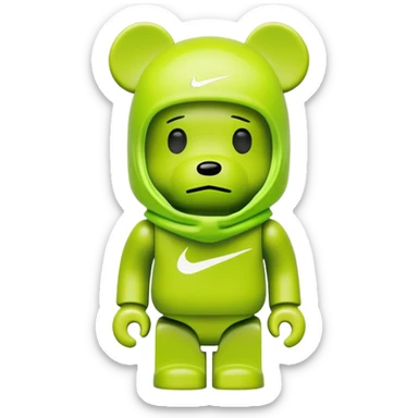 bearbrick toy wearing a lime green balaclava with a Nike swoosh logo sticker
