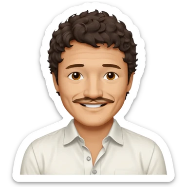 Pedro pascal looking really steamy and sexy smiling in an opened white button down shirt with perfect ringlets short hair sticker