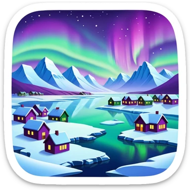 Mohe Arctic Village northernmost point of China with aurora borealis, simplified emoji style with bold outlines and bright colors, cartoon style village with northern lights sticker