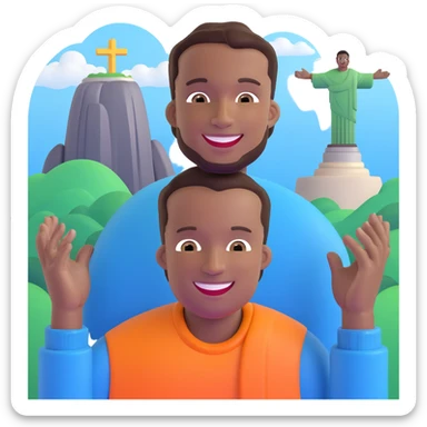 smiling black man with big teeth, standard male haircut, oval face, with Christ the Redeemer statue in the background, Rio de Janeiro, no glasses sticker