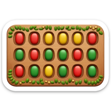 Flat emoji illustration of an African Awalé (mancala) board, wooden board with 12 holes, colorful seeds, simple shapes, bold outlines, cute and playful style, vector look, transparent background” sticker