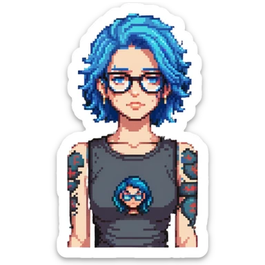character with blue hair, glasses, visible tattoos sticker