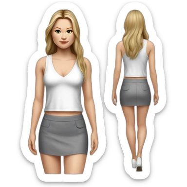 hyperrealistic julia stiles, long straight hair, white deep v-neck crop tanktop, gray tight mini skirt, walking body view sticker