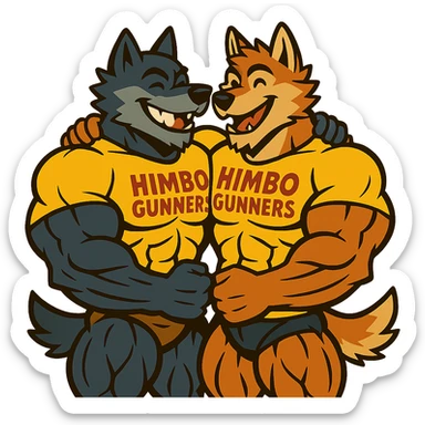 two super buff wolf furries with matching 'Himbo gunners' t-shirts, hugging, happy and confident, exaggerated muscle definition, detailed fur and anatomy, ultra high quality sticker