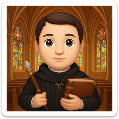 Add a church background behind Martin Luther with a quill and Bible, in the style of apple emojis, preserving the apple emoji style look and feel. sticker
