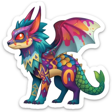 Colorful Exotic tropical Pokémon-Fakémon-hybrid-creature (full body) with tribal intricate splash-markings and patterns and furs and scales and spikes and fins and horns  sticker