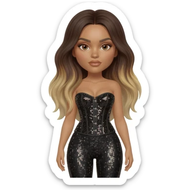 Jade Thirlwall with brown eyes, long dark brown hair with light blonde highlights, black sequin corset, black sequin leggings sticker