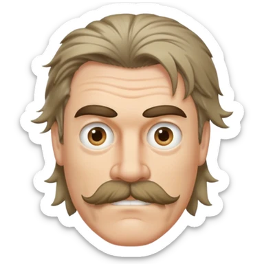 ugly white man. Eyes different sizes. unkept mustache and short hair. long hair in back. dirtbag mullet. messy sticker