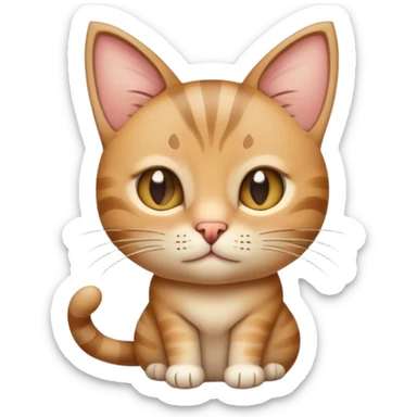 A light brown and beige tabby cat, sitting or lying down in a tense or alert posture, ears pinned back, soft rounded 3D emoji-style character, clean white background, subtle shadows, warm soft lighting, expressive eyes, minimal and friendly design similar to Apple emoji animal style. sticker