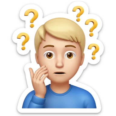 3D glossy emoji of a confused person feeling lost, hand on chin, raised eyebrow, looking up, small question marks around head, faint maze background, soft gradient, centered, transparent background.\ sticker