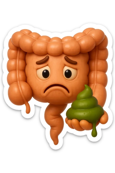 emoji stile iphone 3d di un intestino con espressione triste con cacca verde e liquida in mano, iperrealistiche 4k sticker