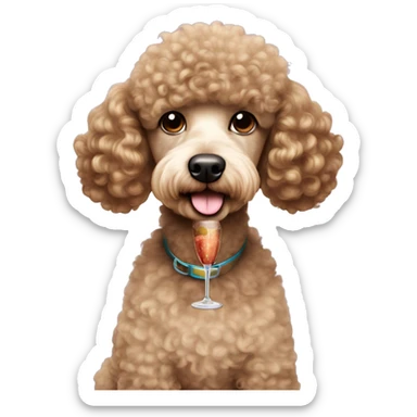 A poodle dog with brown curly hair sipping a cocktail sticker